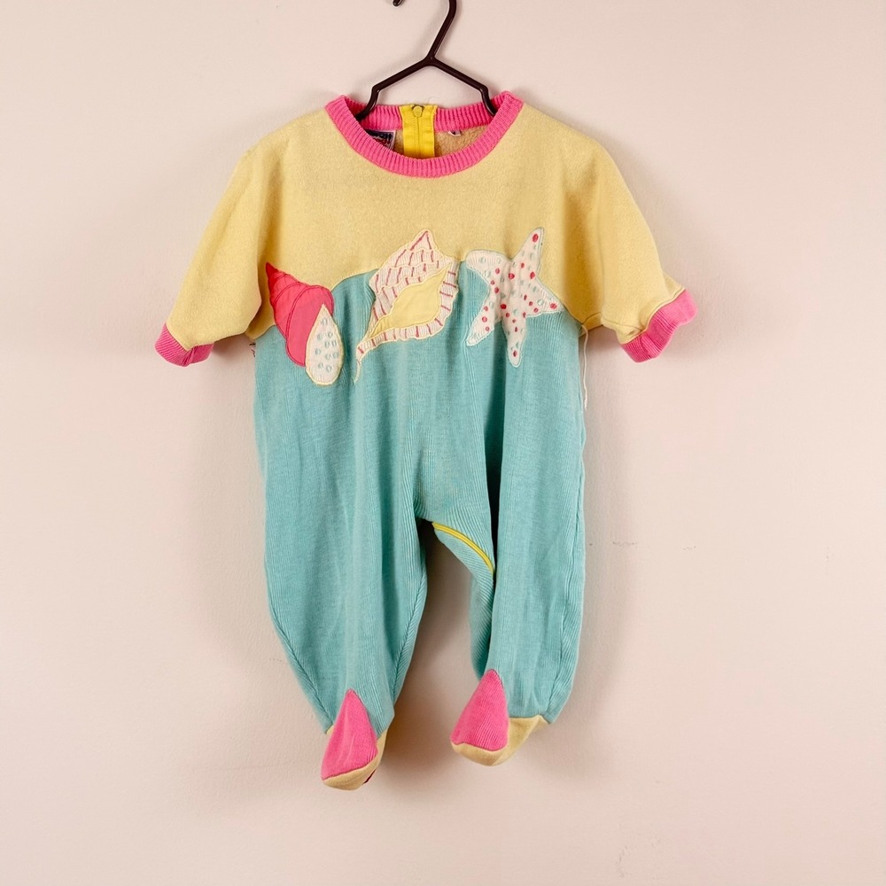 Vintage Peng Peng Baby Footie Romper Colorblock Seashell Starfish Yellow Teal M